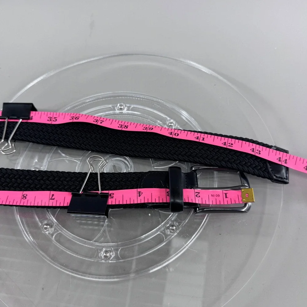 Mens Woven Braided Elastic Stretch Belt Black Genuine Leather Trim Size M 34-36